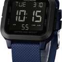 Mens Digital Watch for Men, Stainless Steel Square Watches, Mens Wrist Watches Waterproof Large Face Dual Time Date Watch (Black & Blue Strap)