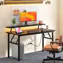 DlandHome 47" Computer Desk with Power Outlets & LED Lights, Black, Bedroom