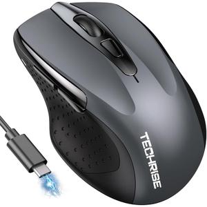 Bluetooth Mouse (BT5.0/3.0 & 2.4G) Rechargeable Wireless Mouse, 4800 DPI Optical Tracking, 6 Adjustable DPI, 2.4GHz with USB A Receiver, Quiet Clicks, Ergonomic Grips, 6 Buttons - Grey