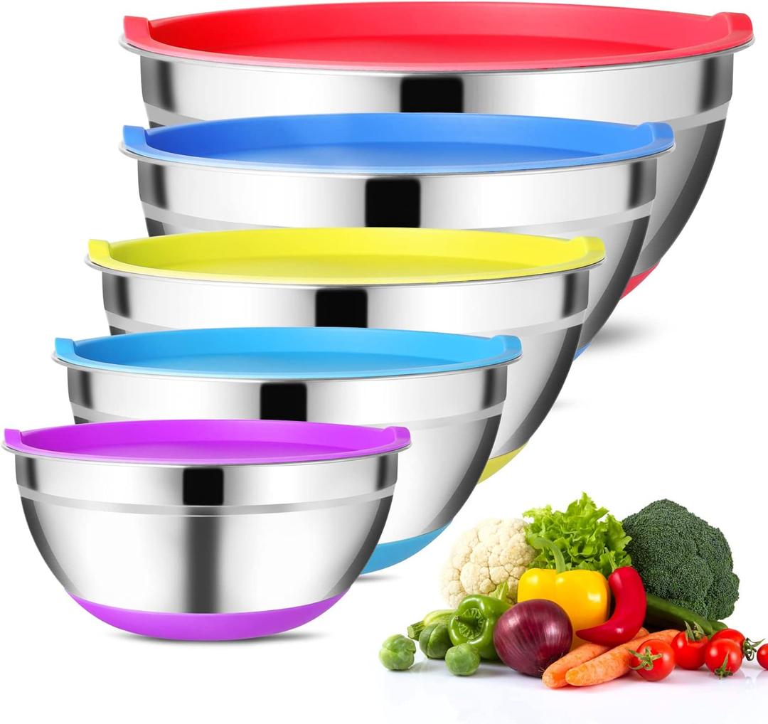 Mixing Bowls with Airtight Lids (Set of 5) Stainless Steel Mixing Bowl Set, Non Slip Colorful Silicone Bottom Nesting Storage Bowls, Great for Mixing & Prepping 1.5-2.5-3-5-8 QT