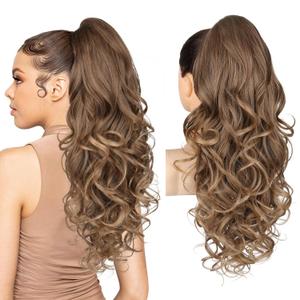 REECHO Ponytail Extension, 24" Claw Clip in Ponytail Extensions Long Curly Wavy Ponytail Hair Extension Jaw Clip on Pony Tails Hairpiece for Women - Dark Ash Blonde with Golden Ends