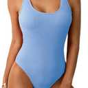 Limeeke Women One Piece Swimsuit Solid Ribbed Monokini Swimwear Scoop Neck Low Back Bathing Suit (Small, Sky Blue)