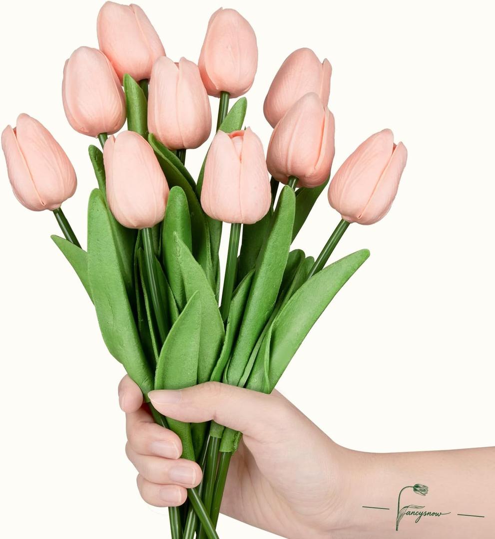 10Pcs Light Pink Tulips Artificial Flowers Real Touch Faux Tulips PU Fake Flowers for Home Decor - Easter Spring Table Arrangement in Vase (Bedroom, Living Room, Kitchen)
