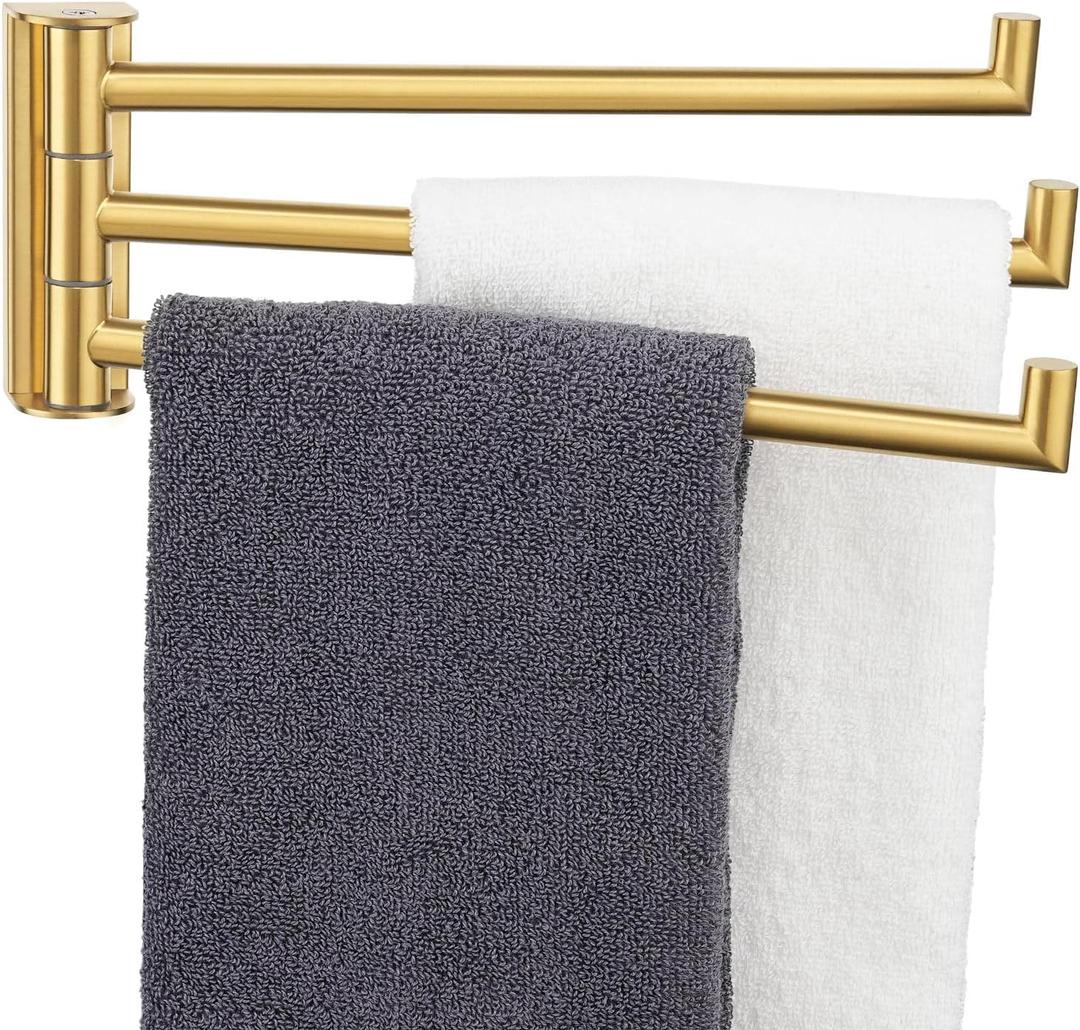Aomasi Brushed Gold Swivel Towel Rack, 304 Stainless Steel 3-Arm Rotating Bathroom Towel Bar, Rustproof Space-Saving Holder for Kitchen, RV, Laundry Room