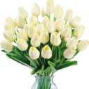 Sggvecsy 15 Pcs Fake Tulips Artificial Flowers Real Touch PU Faux Flowers Tulip Stems for Wedding Spring Bouquet Floral Arrangement Home Party Office Decorations for Mother's Day (Milk White)
