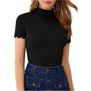 SweatyRocks Women's Mock Neck Ribbed Knit Scallop Short Sleeve T Shirt Tops (Medium, Black)