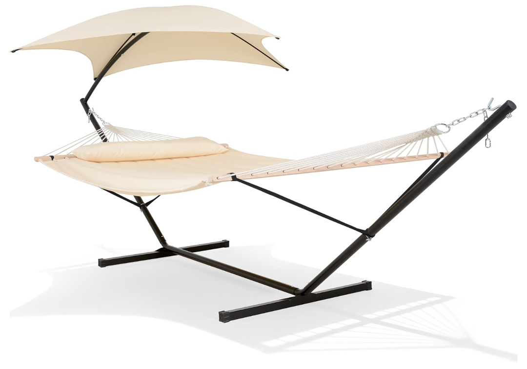 Portable Outdoor Hammock with Stand, Sun-Protective Canopy, Beige