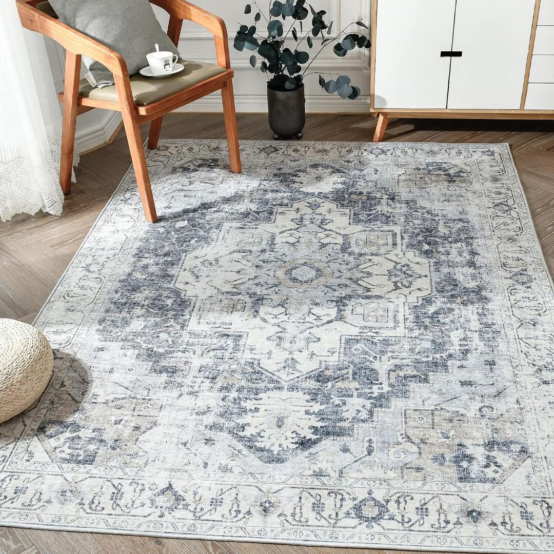 jinchan Area Rug 4x6 Washable Bedroom Rug Vintage Indoor Floor Cover Distressed Lightweight Non-Slip Low Pile Thin Mat Accent Stain Resistant Carpet for Living Room Dining Room Kitchen Office Grey