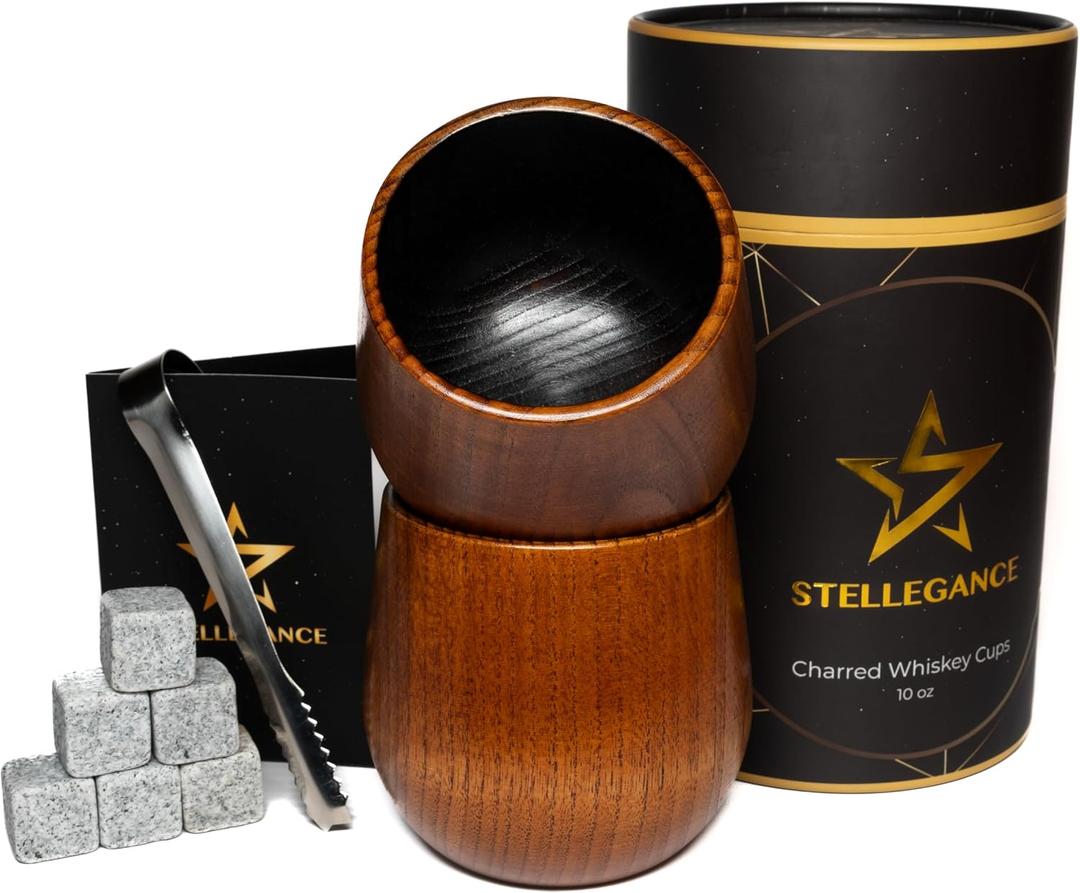 10oz Charred Wooden Bourbon Drinking Glass - Charred Wooden Whiskey Glass Gift Set with Whiskey Stones, Tongs, Pouch - Unique Bourbon Gifts for Men, Him, Husband - Artisan Wooden Whiskey Tumbler