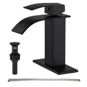 Black Bathroom Faucet Waterfall Single Handle Bathroom Sink Faucet with Metal Pop-up Drain, Bathroom Faucet One Hole or 3 Hole with Deck Plate (Matte Black)
