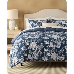 Bedsure 100% Cotton Reversible Duvet Cover Queen Size - Vintage Navy Floral Pattern Printed Comforter Cover with Zipper Closure & 2 Pillow Shams, Comforter Not Included (Vintage Navy Floral, 90"x90")