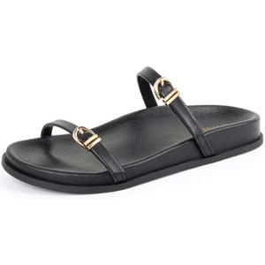 Adjustable Double Buckle Leather Flat Sandals For Women Arch Support Comfort Beach Walking Shoes (9, Black)