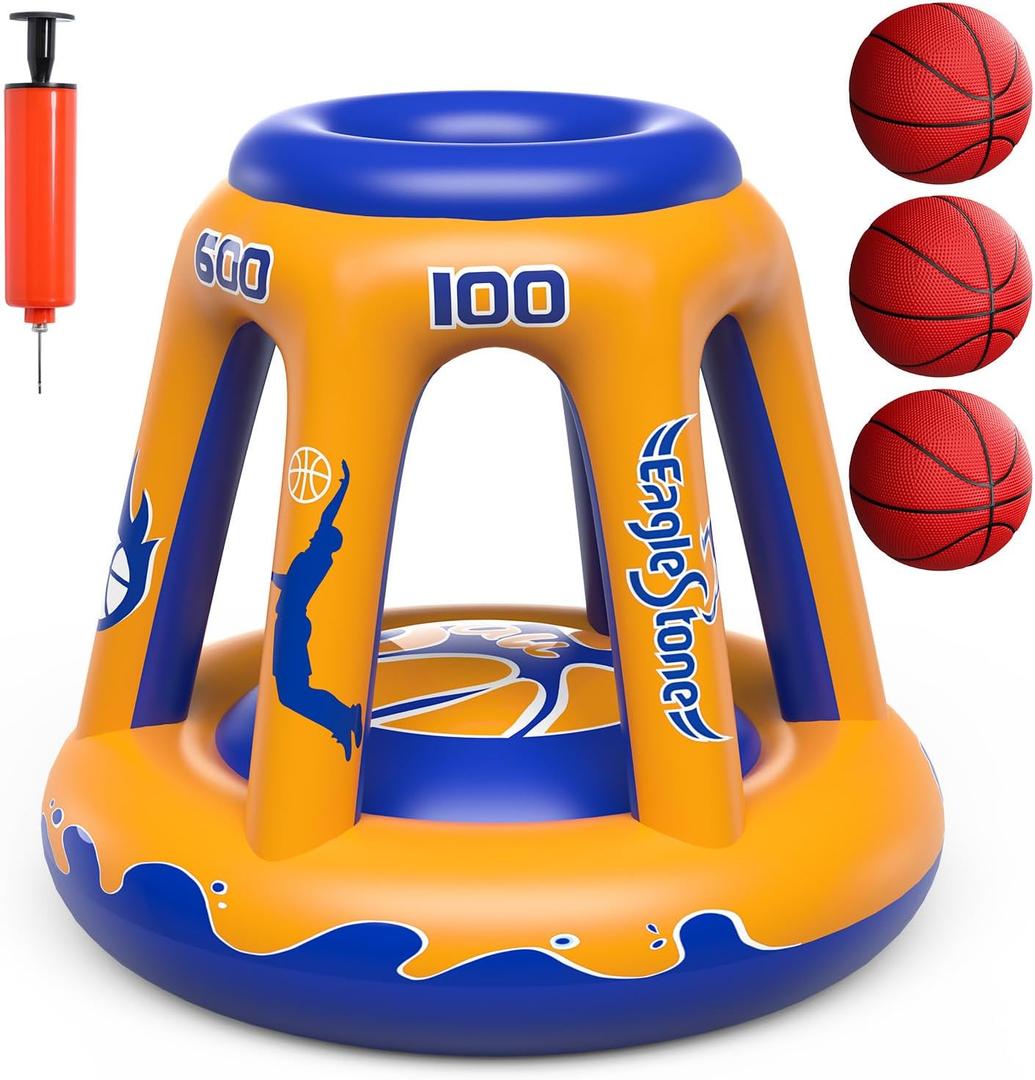 EagleStone Inflatable Floating Basketball Hoop - 47" Pool Toy for Kids Ages 4-8 & 8-12, 3 Basketballs/Pump, Summer Outdoor Water Game, Yellow