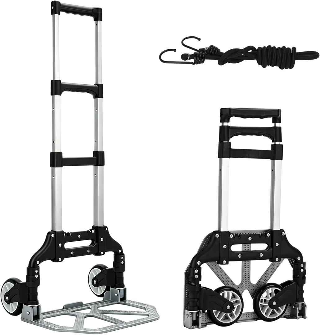 Folding Hand Truck, Aluminum Foldable Dolly Cart with Silence Wheels Heavy Duty Hand Cart 180lbs Load Capacity Utility Cart for Home Office Travel Shopping