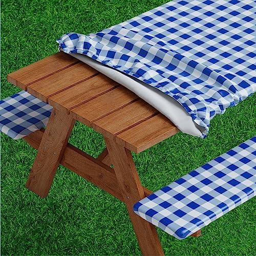 Sorfey Picnic Table Cover with Bench Covers -Fitted with Elastic, Vinyl with Flannel Back, Fits for Table 30"x 60" Rectangle,Water Proof, Checked Blue Design
