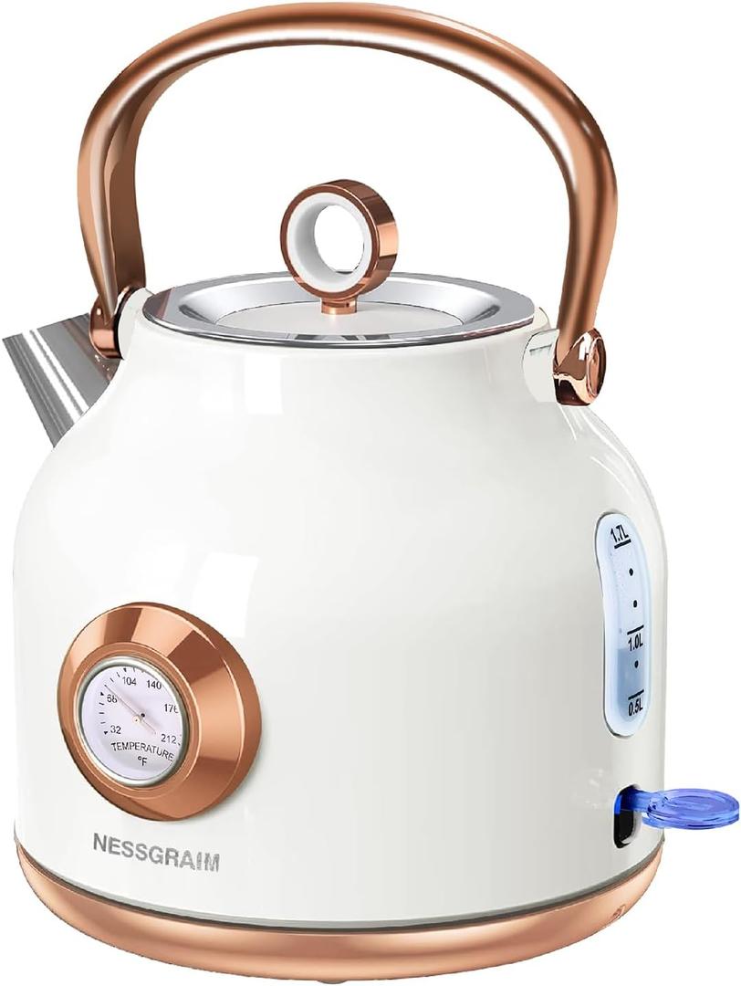 Retro Electric Kettle, 1.7L Stainless Steel Tea Kettle with Large Temperature Gauge, 1500W Fast Heating Hot Water Boiler with LED Indicator, Auto Shut-off & Boil-Dry Protection-Reteo White
