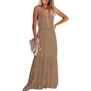 PRETTYGARDEN Women's Casual Summer Dress Spaghetti Strap Sleeveless High Waist Beach Long Maxi Sun Dresses (Dark Apricot, Small)