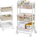 Baby Diaper Caddy Organizer Cart - 3 Tier Rolling Storage Cart with Wheels, Baby Essentials Nursery Storage, Detachable Dividers - for Crib, Bedroom, Art & Craft Organizer (Off White)