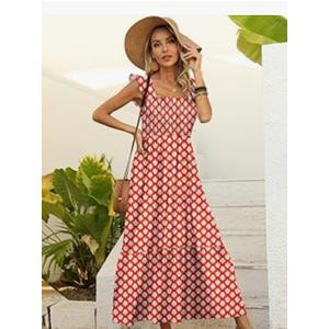 LOLONG Maxi Dress for Women Summer Boho Spaghetti Strap Square Neck Ruffle Beach Sun Dress, M