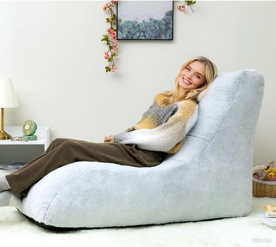 HollyHOME Accent Furry Bean Bag Chair, Extra-Large Zero-Gravity Chaise Lounge Chair for Adults, 30LB Memory Foam Bean Bag Sofa, Reading Lazy Chair for Living Room, Bedroom, Grey