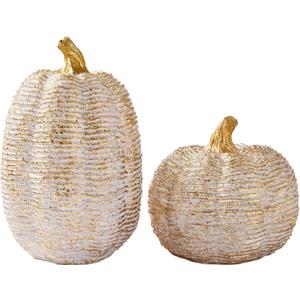 DN DECONATION Fall Pumpkin Decorations Table Centerpieces, 2Pcs White & Gold Artificial Pumpkins Figurines for Autumn Thanksgiving Harvest Indoor Home Decor (Resin with Rope-Wrapped Texture)