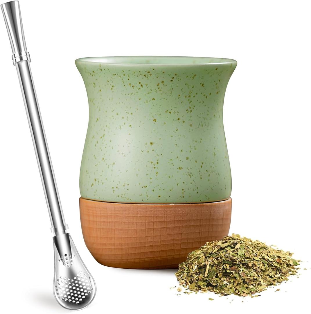 Yerba Mate Cup, 8 OZ Ceramic and Wood Gourd, Bombilla Straw and Cleaning Brush - Perfect for Traditional Preparation and Modern Style (Green)