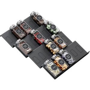 Famhap Spice Drawer Organizer, 4 Tier Expandable from 11.6" to 23.2" Seasoning Rack Tray Insert for Kitchen Drawers, Spice Rack Tray for Drawer/Countertop (Black)