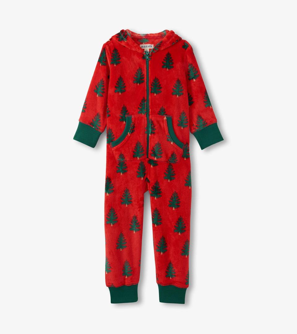 Kids Trees On Red Hooded Fleece Jumpsuit, Size 12