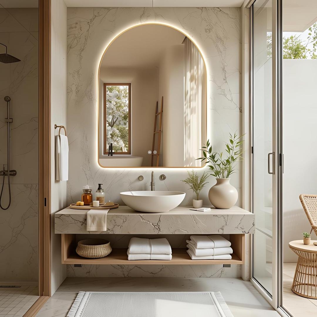 Niccy Arched LED Lighted Bathroom Mirror, 40x30 Inch Backlit Vanity Bathroom Mirror with Lights Brushed Gold Framed Wall Mounted Mirrors with 3 Color Shatterproof Arch Smart Fog Free Mirror