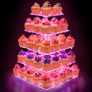 YestBuy Cupcake Stand with Pink Lights 5 Tier Premium Cupcake Holder Acrylic Cupcake Tower Display Stand Cady Bar Party Dcor Acrylic Display for Pastry + LED Light String Ideal for Weddings, Birthday (Pink)