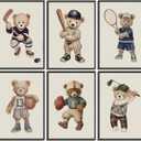 6pcs Teddy Bear Sports Wall Art Vintage Animal Nursery Wall Decor Pictures Boy Sports Rugby Baseball Poster Printing Artwork for Children Bedroom Kids Boy Room Game Room Home Decoration 8X10IN (10L"x8W", brown)