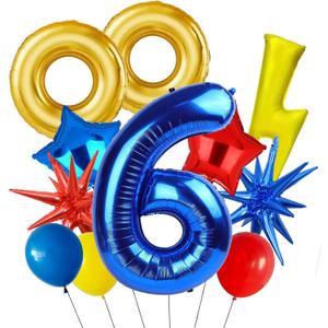 Cartoon Hedgehog 6th Birthday Decorations 40 Inch Blue Number 6 Foil Balloon Big Gold Ring Lightning Balloons Boom Star Role Playing Cartoon Carnival Theme Birthday Party Decoration 11Pcs