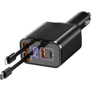 Retractable Car Charger USB C 4 in 1 87W Cigarette Lighter Car Phone Charger Adapter for iPhone 17 with Voltage Display Fast Charge for iPhone,Android,Samsung,etc