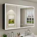 Buruis 60 x 32 Inch Medicine Cabinet with LED Lights and Mirror, Recessed/Wall Mounted Bathroom Cabinet, 3-Color Light, Defogger, Memory Function, Outlet & USB, Dimmer, Black