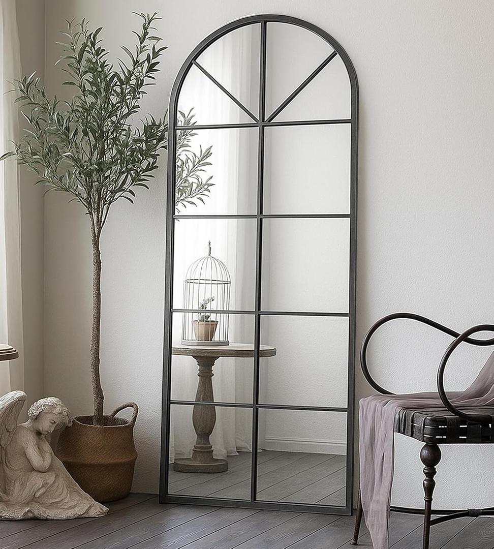 Floor Length Mirror, Black Wall Mirror, 56"x22" Large Arched Window Pane Mirrors, Oversize Farmhouse Full Body Standing Mirrors for Living Room, No Stand