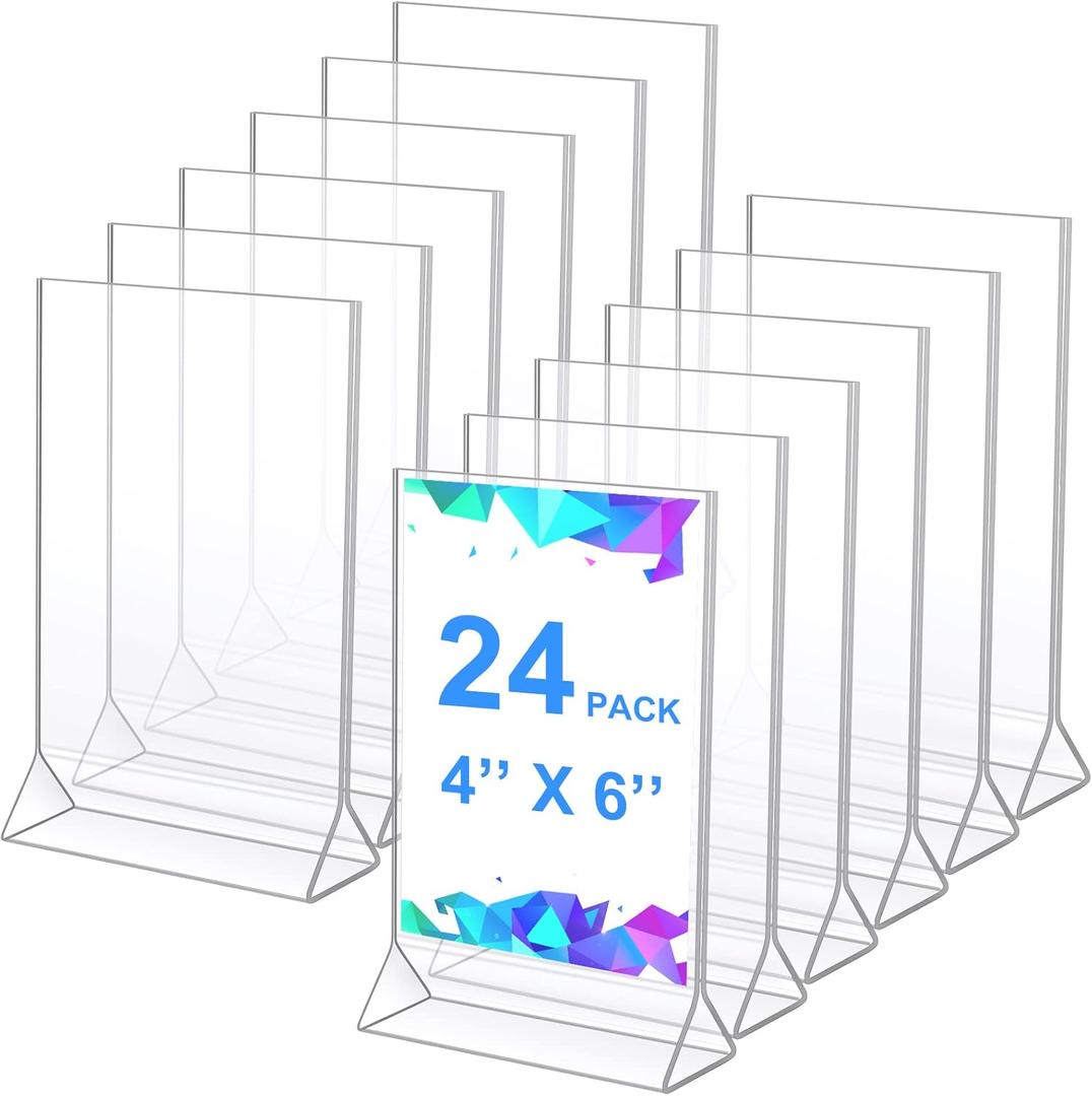 Yulejo 24 Pack Acrylic Sign Holder, Plastic Clear Table Display Holder Double Sided Menu Display Stands T Shaped Card Picture Frames for Office, Weddings, Meetings, Hotels, Restaurants (4 x 6 Inches)