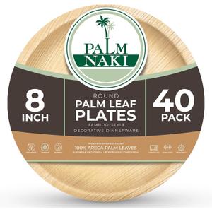 PALM NAKI Palm Leaf Plates | 8" Round | Compostable Bamboo-Style Decorative Plates | Ideal for Events, Gatherings, and Everyday Elegance - 40 Pack