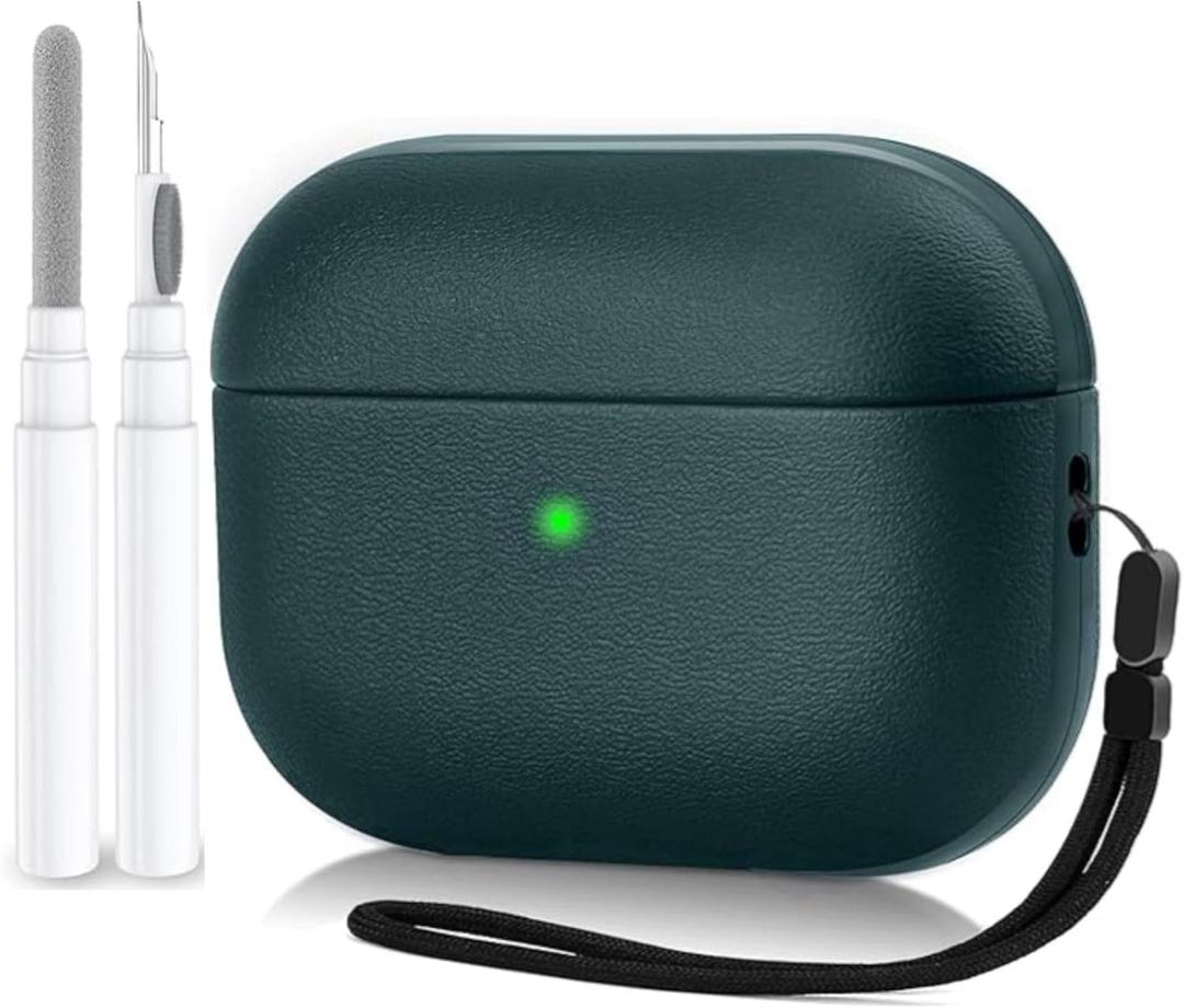 AirPods 4 Case Cover with Cleaning Kit, Premium Leather Texture Full Body Protective Case for Apple AirPods 4th Generation, Shockproof & Anti-Scratch with Front LED Visible  Green