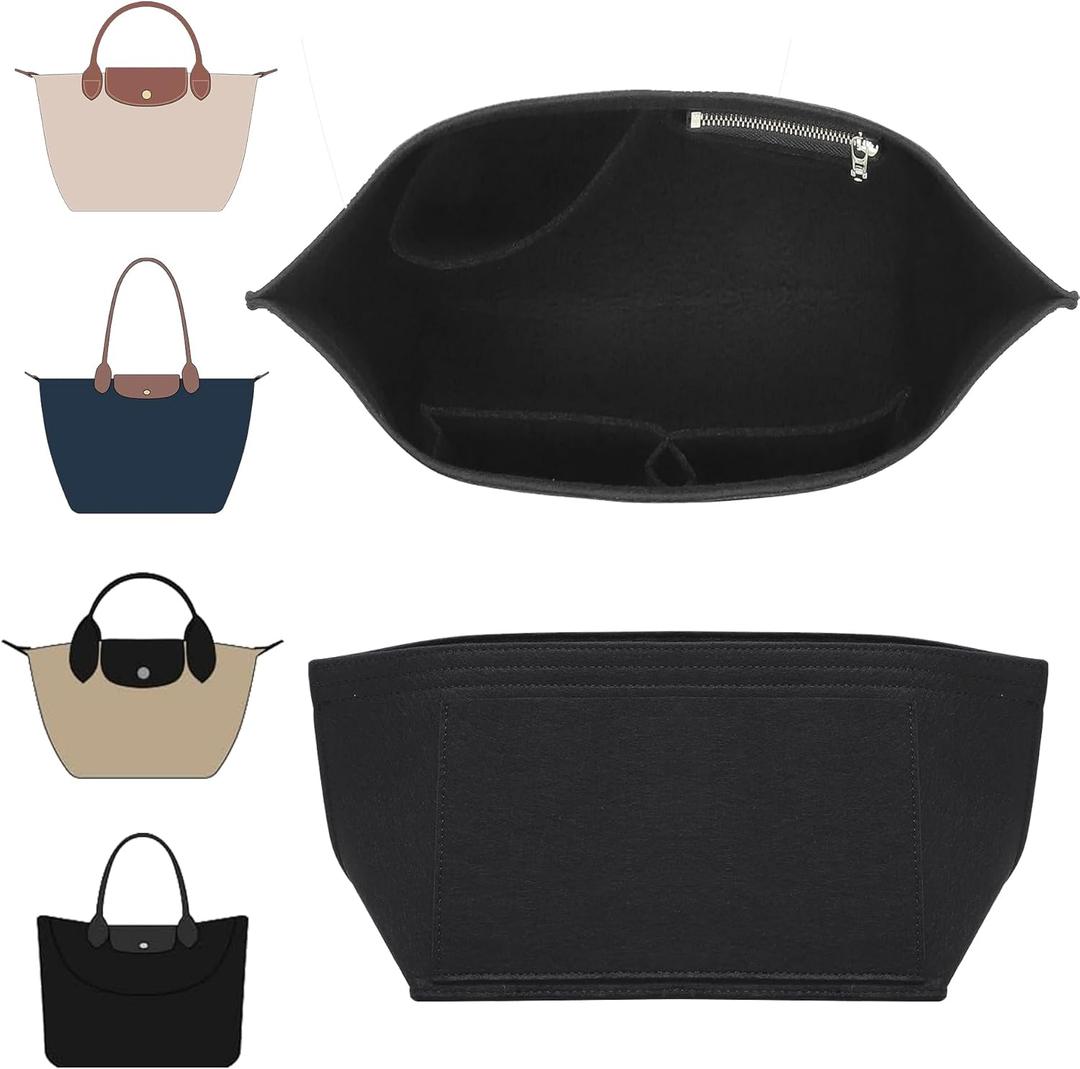 Doxo Longchamp Organizer Insert Medium, Felt Bag Organizer with Cup Holderp, Suitable for Le pliage M Tote Bag and More(Black, M)