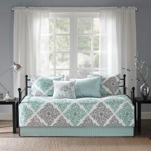 Madison Park Daybed Cover Set - Double Sided Quilting Casual Design, All Season Bedding with Bedskirt, Matching Shams, Decorative Pillow, 75"x39", Diamond Aqua 6 Piece