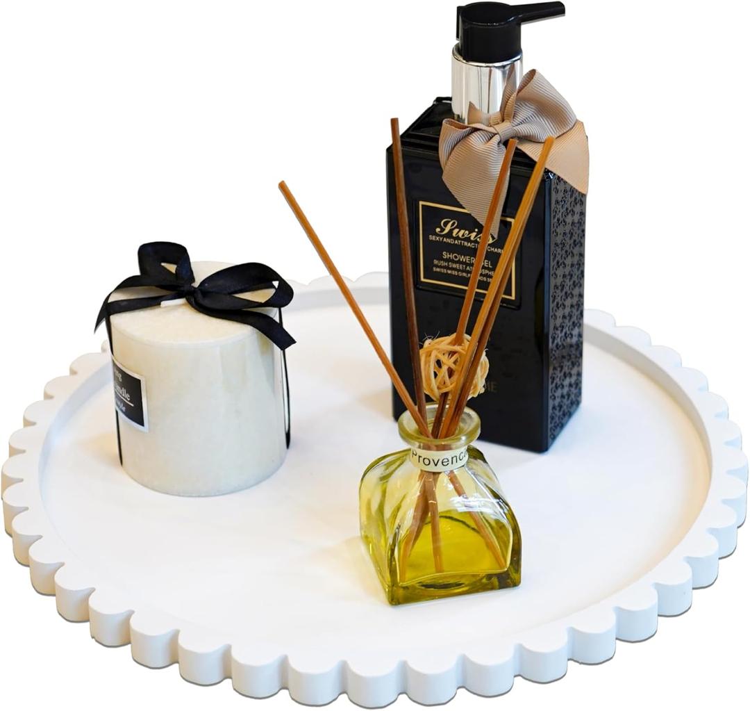 11.8 Inch Round Tray with Scalloped Edge, Decorative White Wood Tray for Coffee Table, Kitchen, Dining Room, Living Room Home Decor, Organization and Serving