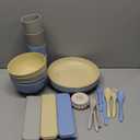 FOODLE Wheat Straw Dinnerware Set - BPA Free & Safety Tested - Microwave & Dishwasher Safe - Perfect for Picnic, Dorm, RV Dishes - Camping Plates Cups and Bowls Set - Great for Kids & Adults - For 4 (Light Grey, Dark Grey, Blue & Beige)