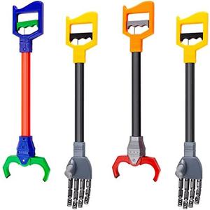 Lewtemi 4 Pcs Grabber Reacher Pickup Tool Toy Pack Interactive Claw Grab Robot Arm for Boys Girls Kids Children Fun Early Learning and Hand Eye Coordination Play, 18 Inch (Red,Blue,Gray)