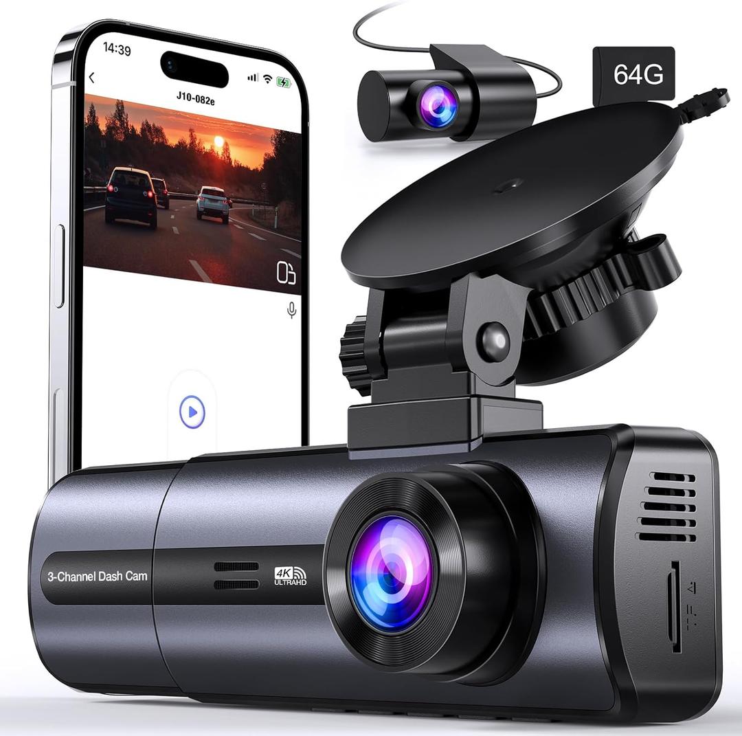 3 Channel 4K Dash Cam with 5GHz WiFi & APP Control, 4K/2.5K+1080P+1080P Front Inside and Rear, Triple Dash Camera with 64GB Card, G-Sensor, 24 Hours Parking Mode, Loop Recording, Night Vision