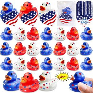 24 Pack 2'' Patriotic Rubber Ducks with Cards 4th of July Party Favors 250th Anniversary Baby Bath Toys Mini Duck Squeeze Squeak Summer Beach Pool Fourth July Supplies Red White Blue Gift Memorial Day