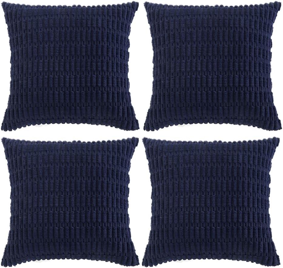 Fancy Homi 4 Packs Navy Blue Decorative Throw Pillow Covers 18x18 Inch for Living Room Couch Bed Sofa, Rustic Modern Farmhouse Boho Home Decor, Soft Plush Corduroy Square Cute Cushion Case 45x45 cm (18" x 18" (Pack of 4), Navy Blue)