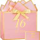 Momoake 16th Birthday Gift Bag with Card and Tissue Paper for Women/Her, 2010 16 Year Old 13" Elegant Pink Gold Anniversary Keepsake Party Present Shopping Paper Bags for 16th Birthday Decorations