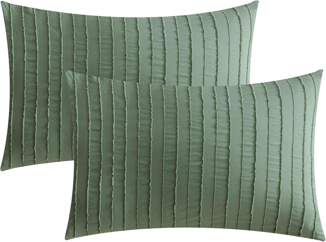 JELLYMONI Pillowcases Standard Size Green 2 Pack Boho Striped Bed Pillow Covers 20x26in Polyester Envelope Pillow Shams Tufted Bohemian Textured (Pillows are not Included)