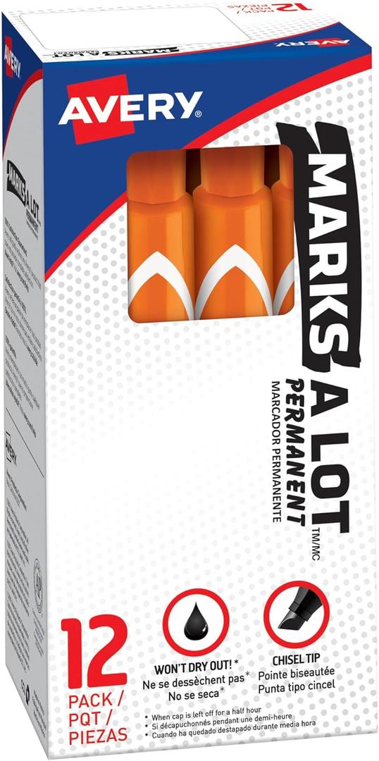 Avery Marks A Lot Permanent Markers, Large Desk-Style Size, Chisel Tip, 12 Orange Markers (08883)
