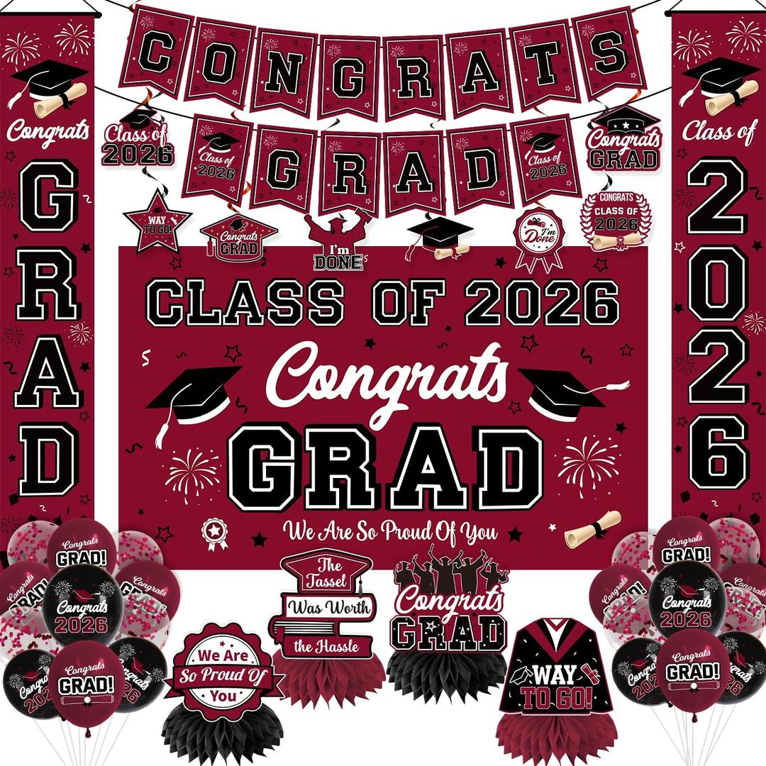 Graduation Decorations 2026 Maroon Graduation Party Decor Set include Congrats Grad Banner Backdrop Class of 2026 Balloons Party Supplies